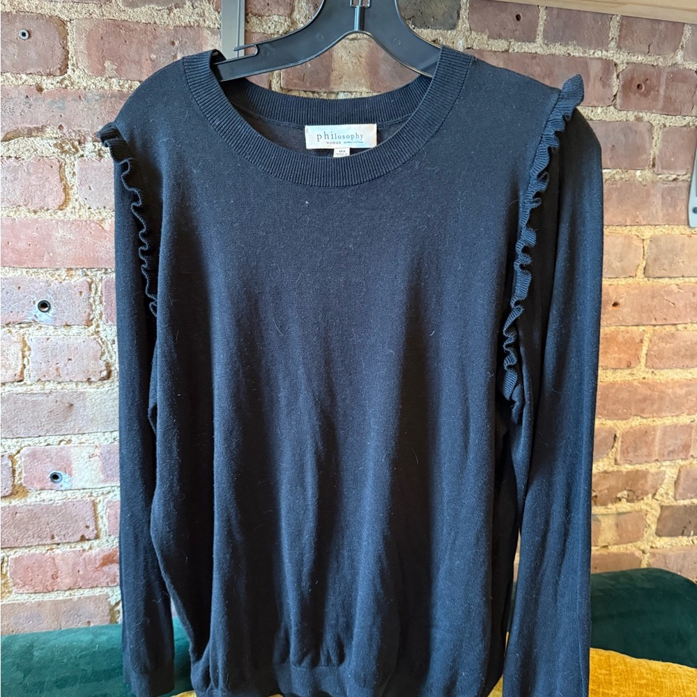 Philosophy • Black Knit Top w Ruffle trim